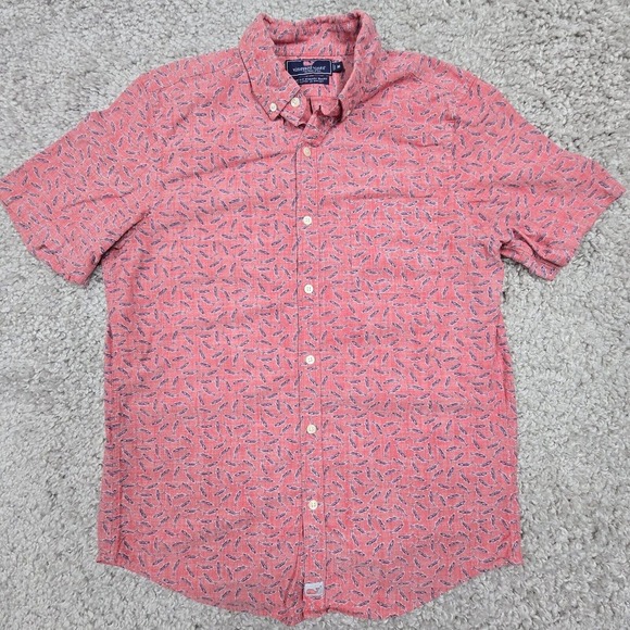 Vineyard Vines Shirt Mens Medium Pink Button Up Slim Fit Murray Fish Hawaiian - Picture 1 of 11